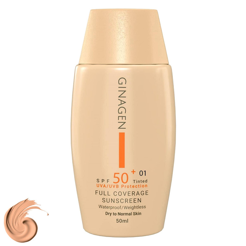 کرم ضد آفتاب رنگی ژیناژن، SPF 50، مدل 01، ‌مناسب پوست‌های خشک و نرمال با تنالیته متوسط و حجم 50 میلی‌لیتر، ضد آب، فاقد پارابن، محافظت‌کننده در برابر اشعه‌های UVA و UVB، ارای فرمولاسیون بدون الکل و گلیسیرین غنی شده با ویتامین‌ E، با ماندگاری 4 ساعته