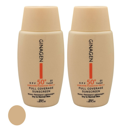 کرم ضد آفتاب رنگی ژیناژن SPF 50 مدل 01 محافظ UVA ،UVB ضد حساسیت، ضد چروک و ضد پیری، مناسب پوستهای خشک و نرمال حجم 50 میلی لیتر مجموعه دو عددی